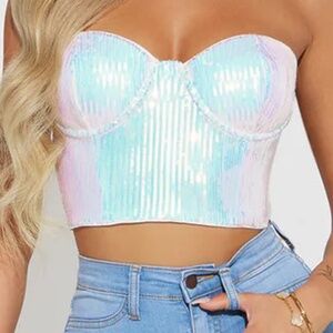Fashion Nova "Surprise Guest" Sequin Corset Top - Ivory  (Size L) NWT